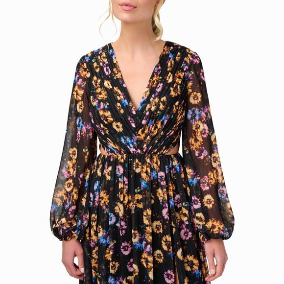 Aidan Mattox Dress Womens Size 4 Black Floral Pleated Cut Out Chiffon Boho Party - Picture 2 of 16